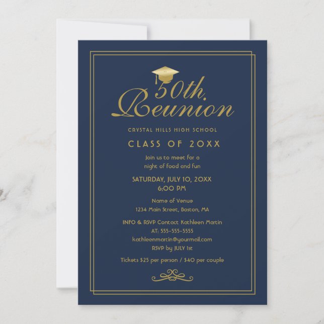 Elegant Navy Blue Gold 50th Class Reunion Invitation (Front)