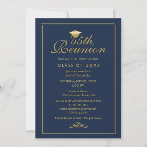 Elegant Navy Blue Gold 55th Class Reunion Invitation