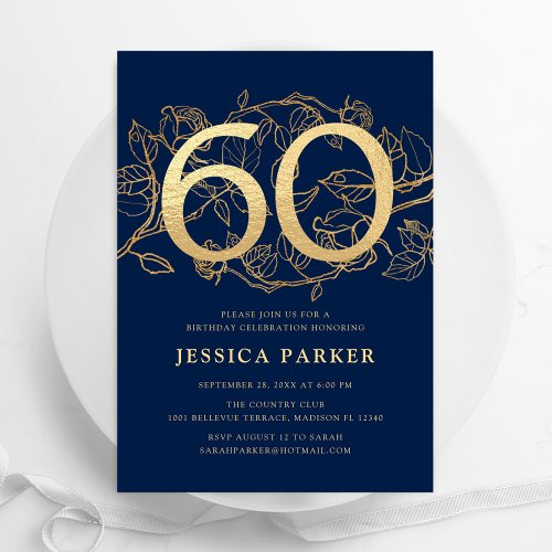 Elegant Navy Blue Gold 60th Birthday Invitation