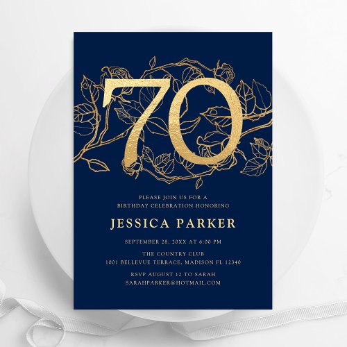 Elegant Navy Blue Gold 70th Birthday Invitation