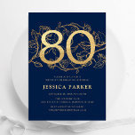 Elegant Navy Blue Gold 80th Birthday Invitation<br><div class="desc">Elegant navy blue gold 80th birthday party invitation. Customizable modern feminine design featuring roses botanical accents and faux glitter gold. Simple floral invite card perfect for a stylish female bday celebration. Personalize with your own details. Printed Zazzle invitations or instant download digital printable template.</div>