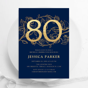 Elegant Navy Blue Gold 80th Birthday Invitation