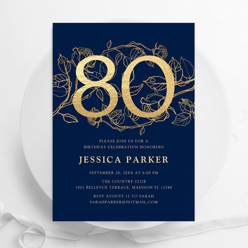 Elegant Navy Blue Gold 80th Birthday Invitation