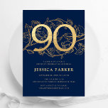 Elegant Navy Blue Gold 90th Birthday Invitation<br><div class="desc">Elegant navy blue gold  90th birthday party invitation. Customizable modern feminine design featuring roses botanical accents and faux glitter gold. Simple floral invite card perfect for a stylish female bday celebration. Personalize with your own details. Printed Zazzle invitations or instant download digital printable template.</div>