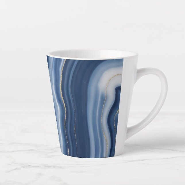 Elegant Navy Blue Gold Abstract Liquid Marble  Latte Mug (Right)