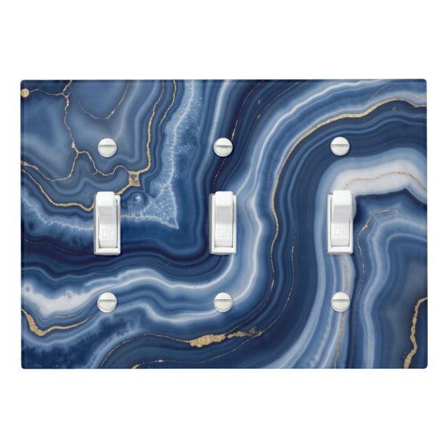 Elegant Navy Blue Gold Abstract Liquid Marble  Light Switch Cover (In Situ)