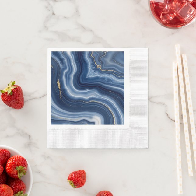 Elegant Navy Blue Gold Abstract Liquid Marble  Napkins (Insitu)