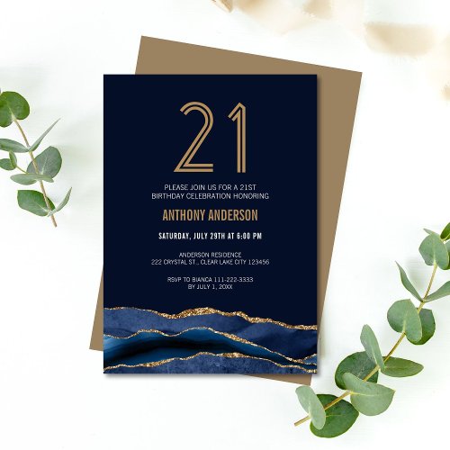 Elegant Navy Blue Gold Agate 21st Birthday Party  Invitation