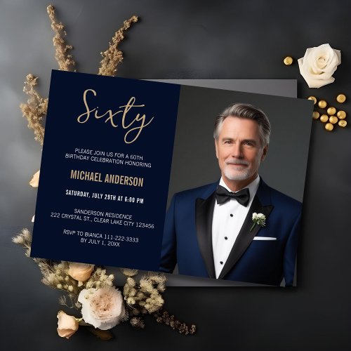 Elegant Navy Blue Gold Agate 60th Birthday Photo  Invitation