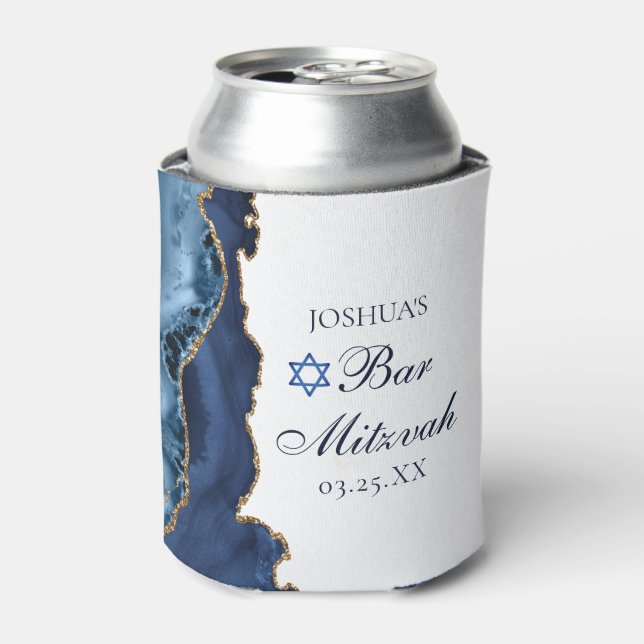 Elegant Navy Blue Gold Agate Bar Mitzvah Party Can Cooler (Can Front)