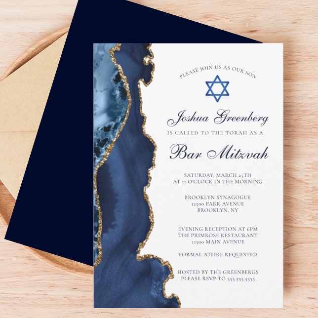 Elegant Navy Blue Gold Agate Bar Mitzvah Party Invitation (Creator Uploaded)