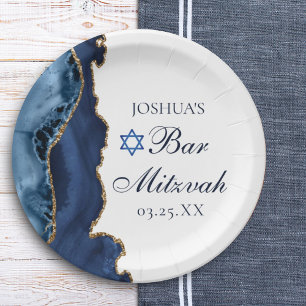 Elegant Navy Blue Gold Agate Bar Mitzvah Party Paper Plates