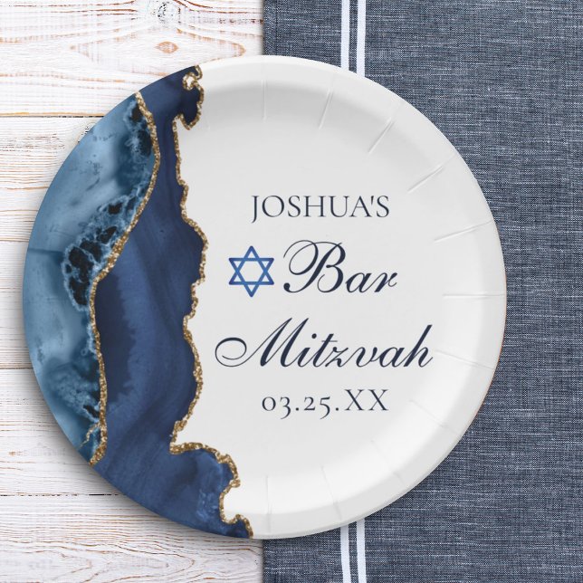 Elegant Navy Blue Gold Agate Bar Mitzvah Party Paper Plates (Creator Uploaded)