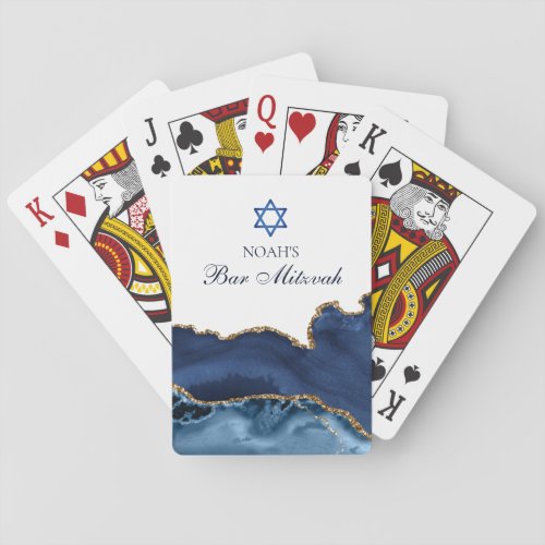 Elegant Navy Blue Gold Agate Bar Mitzvah Party Playing Cards