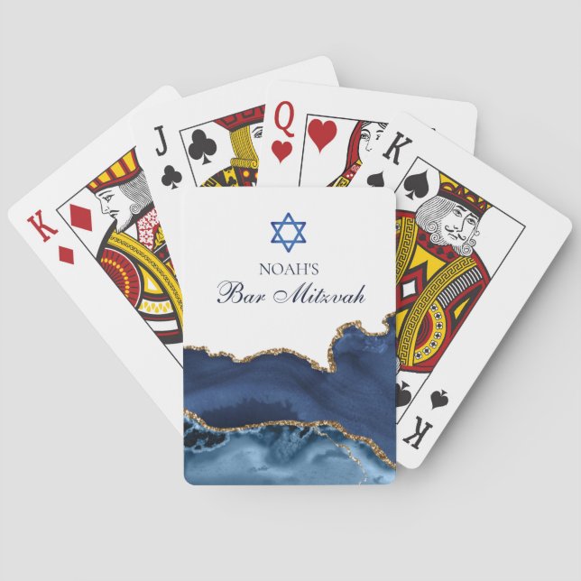 Elegant Navy Blue Gold Agate Bar Mitzvah Party Poker Cards (Back)