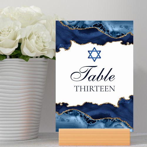 Elegant Navy Blue Gold Agate Bar Mitzvah Party Table Number