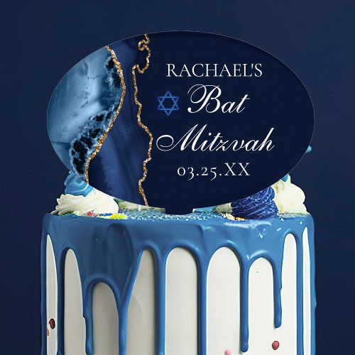 Elegant Navy Blue Gold Agate Bat Mitzvah Party Cake Topper