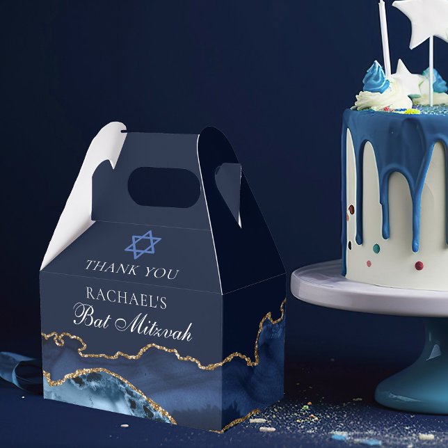 Elegant Navy Blue Gold Agate Bat Mitzvah Party Favor Boxes (Creator Uploaded)
