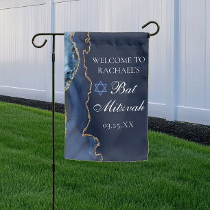 Elegant Navy Blue Gold Agate Bat Mitzvah Party Garden Flag
