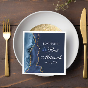 Elegant Navy Blue Gold Agate Bat Mitzvah Party Napkins