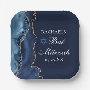 Elegant Navy Blue Gold Agate Bat Mitzvah Party Paper Plates