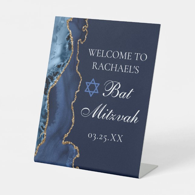 Elegant Navy Blue Gold Agate Bat Mitzvah Party Pedestal Sign (Front)