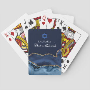 Elegant Navy Blue Gold Agate Bat Mitzvah Party Poker Cards