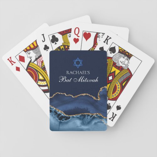 Elegant Navy Blue Gold Agate Bat Mitzvah Party Poker Cards