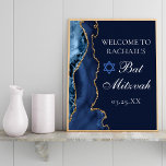 Elegant Navy Blue Gold Agate Bat Mitzvah Party Poster<br><div class="desc">Elegant navy blue and gold agate decorates the side of this modern Bat Mitzvah party welcome poster. Your daughter's name is written in beautiful formal script under the Star of David. Perfect for a chic,  stylish Jewish family celebrating a girl being called to the Torah.</div>