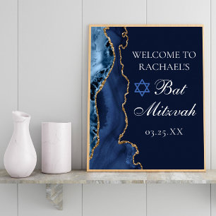 Elegant Navy Blue Gold Agate Bat Mitzvah Party Poster