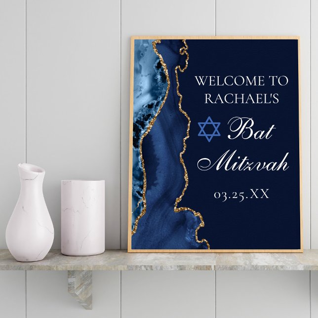 Elegant Navy Blue Gold Agate Bat Mitzvah Party Poster (Creator Uploaded)