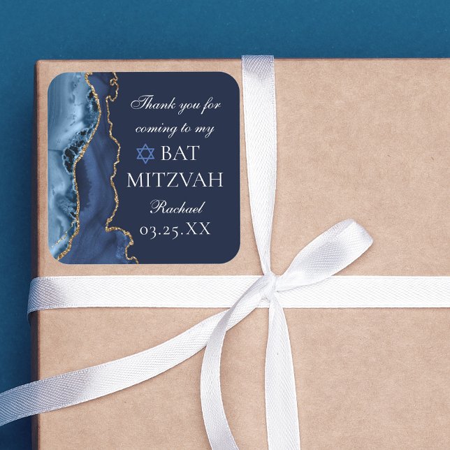 Elegant Navy Blue Gold Agate Bat Mitzvah Party Square Sticker (Creator Uploaded)