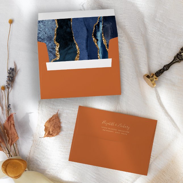 Elegant Navy Blue Gold Agate Burnt Orange Wedding Envelope (Creator Uploaded)