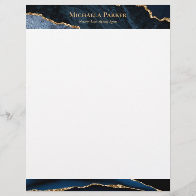 Elegant Navy Blue Gold Agate Business  Letterhead (Front)