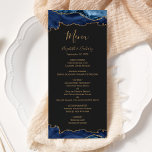 Elegant Navy Blue Gold Agate Dark Wedding Menu<br><div class="desc">This elegant,  modern wedding menu features top and bottom borders of navy blue watercolor agate trimmed with gold faux glitter. The text appears in elegant gold-colored handwriting,  italic and copperplate fonts on a slate black background. The agate design is repeated on the reverse.</div>