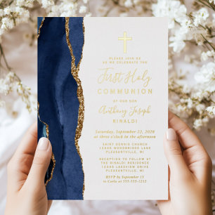 Elegant Navy Blue Gold Agate First Communion Foil Invitation
