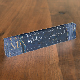 Elegant Navy Blue Gold Agate Geode Chic Monogram Desk Name Plate