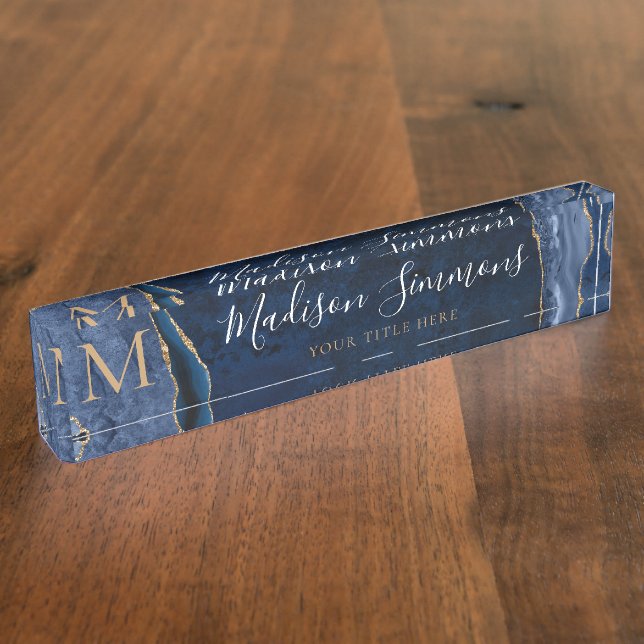 Elegant Navy Blue Gold Agate Geode Chic Monogram Desk Name Plate (Side)