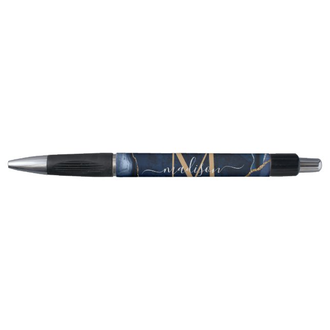 Elegant Navy Blue Gold Agate Geode Chic Monogram Pen (Front)