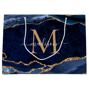 Elegant Navy Blue Gold Agate Geode Girly Monogram Large Gift Bag