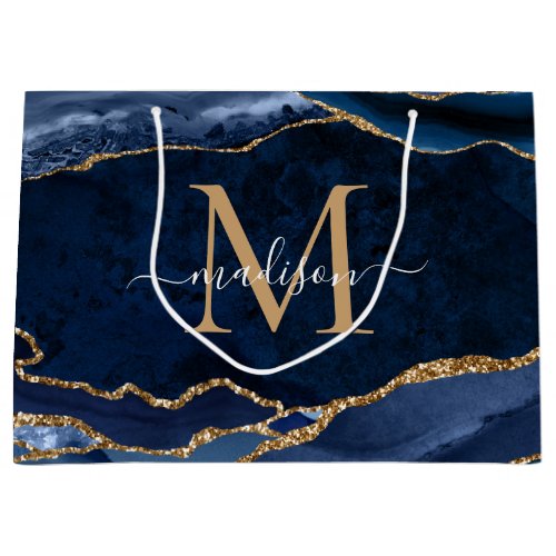 Elegant Navy Blue Gold Agate Geode Girly Monogram Large Gift Bag