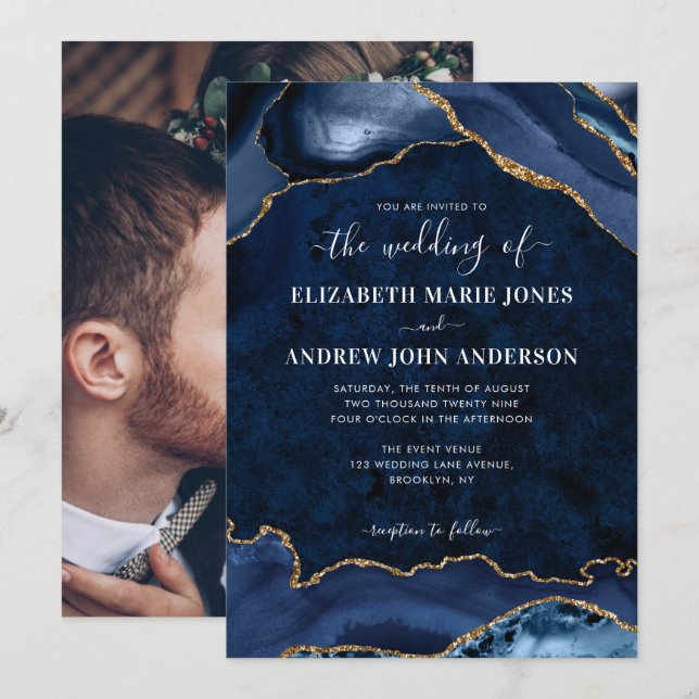 Elegant Navy Blue Gold Agate Geode Photo Wedding Invitation (Front/Back)