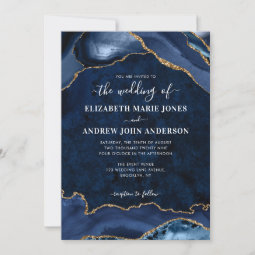 Elegant Navy Blue Gold Agate Geode Photo Wedding Invitation | Zazzle