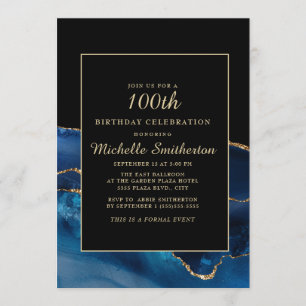 Elegant Navy Blue Gold Agate Marble 100th Birthday Invitation