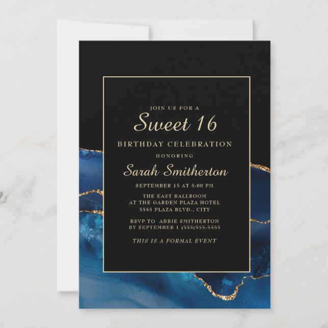 Elegant Navy Blue Gold Agate Marble Sweet 16 Invitation (Front)