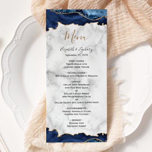 Elegant Navy Blue Gold Agate Marble Wedding Menu