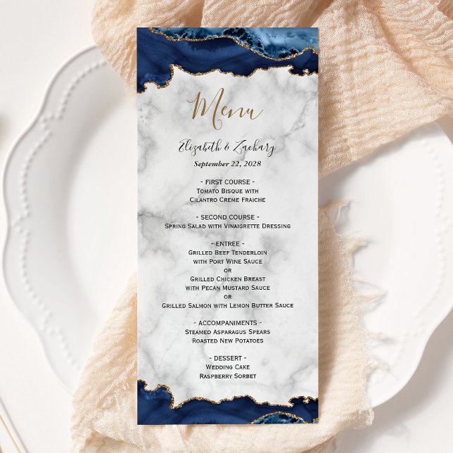 Elegant Navy Blue Gold Agate Marble Wedding Menu (Creator Uploaded)