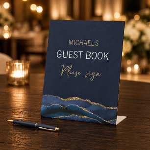 Elegant Navy Blue Gold Agate Men's Guestbook Pedes Pedestal Sign