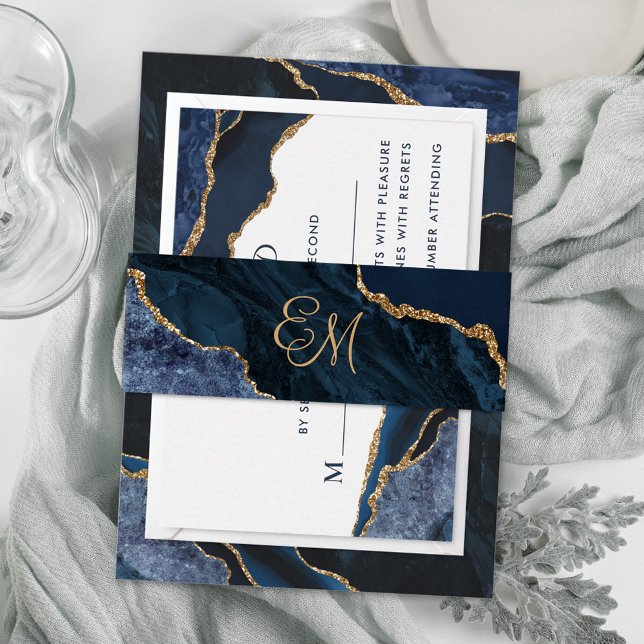 Elegant Navy Blue Gold Agate Monogram Wedding Invitation Belly Band (Creator Uploaded)
