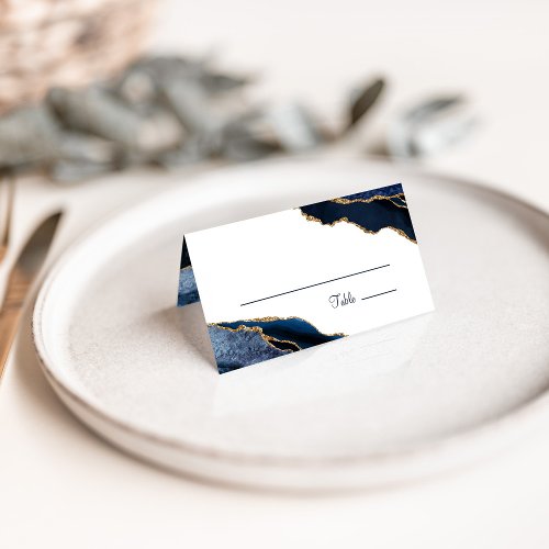 Elegant Navy Blue Gold Agate Monogram Wedding Place Card